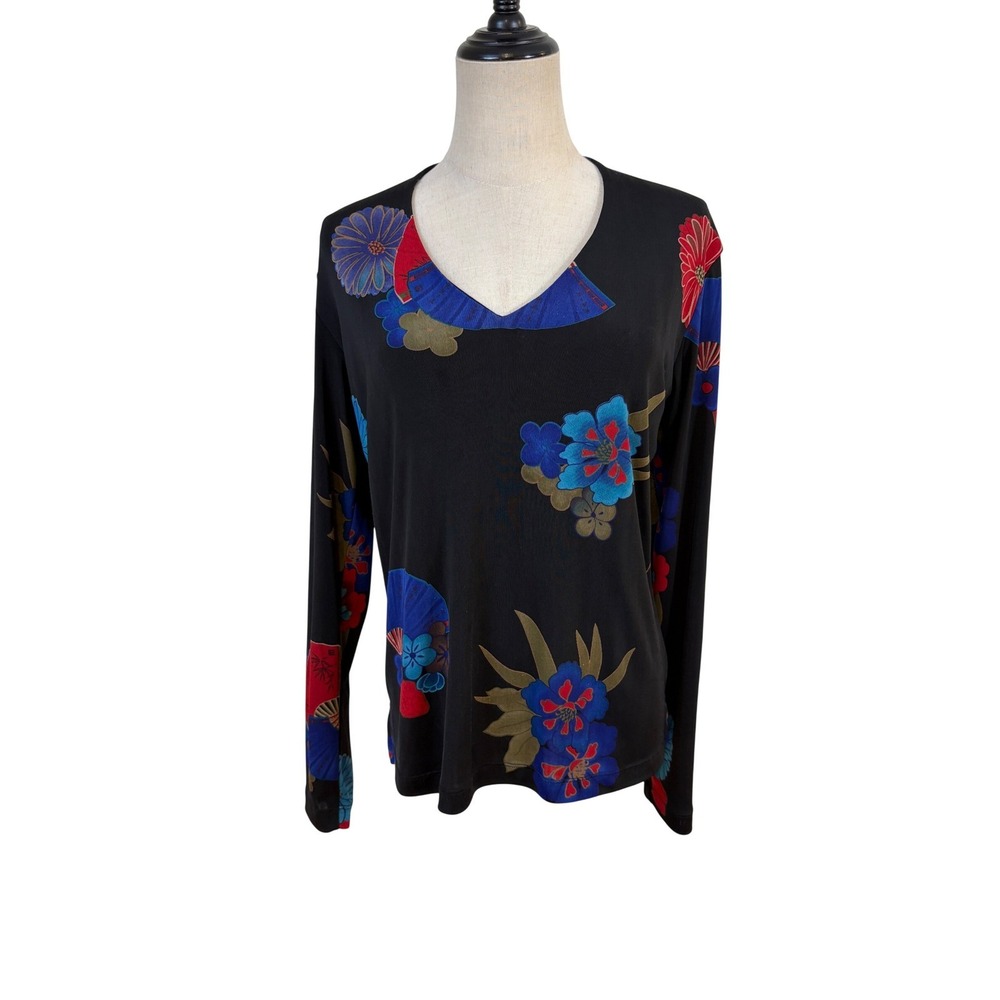 Chico's‎ Travelers Top Size 1 Black Excellent Floral Fan Print V-Neck Boho comfy